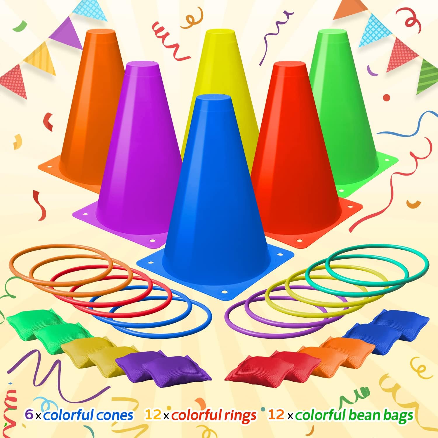 Eocolz 3 in 1 Carnival Games Set, Soft Plastic Cones Bean Bags Ring Toss Games for Kids Birthday Party Outdoor Games Supplies Combo Set - Image 2
