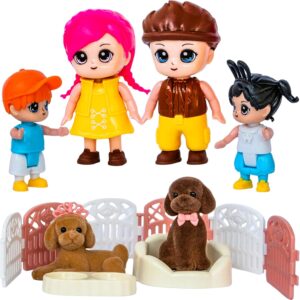 FUNERICA Dollhouse People & Pets – Velvety Furry Puppies, Pet Accessories & Posable Doll House Family Set – Dolls for Dollhouse, Little People Figures, Doll House Accessories and Furniture