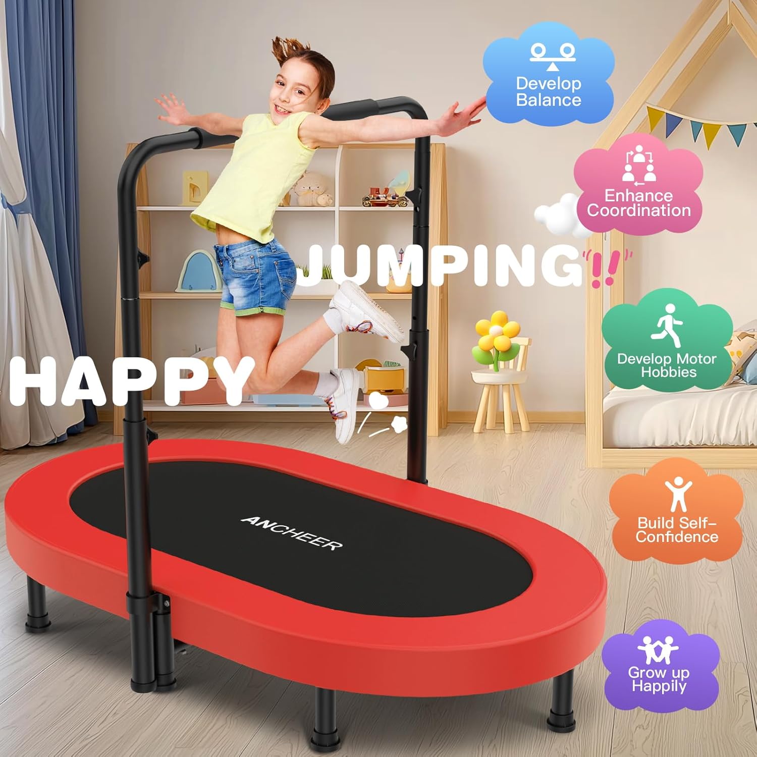 ANCHEER 56" Double Mini Trampoline for Kids, Mini Rebounder with 5-Level Adjustable Handle, Parent-Child Trampoline for Kids, Max Load 220lbs, Fun for Indoor/Outdoor - Image 6