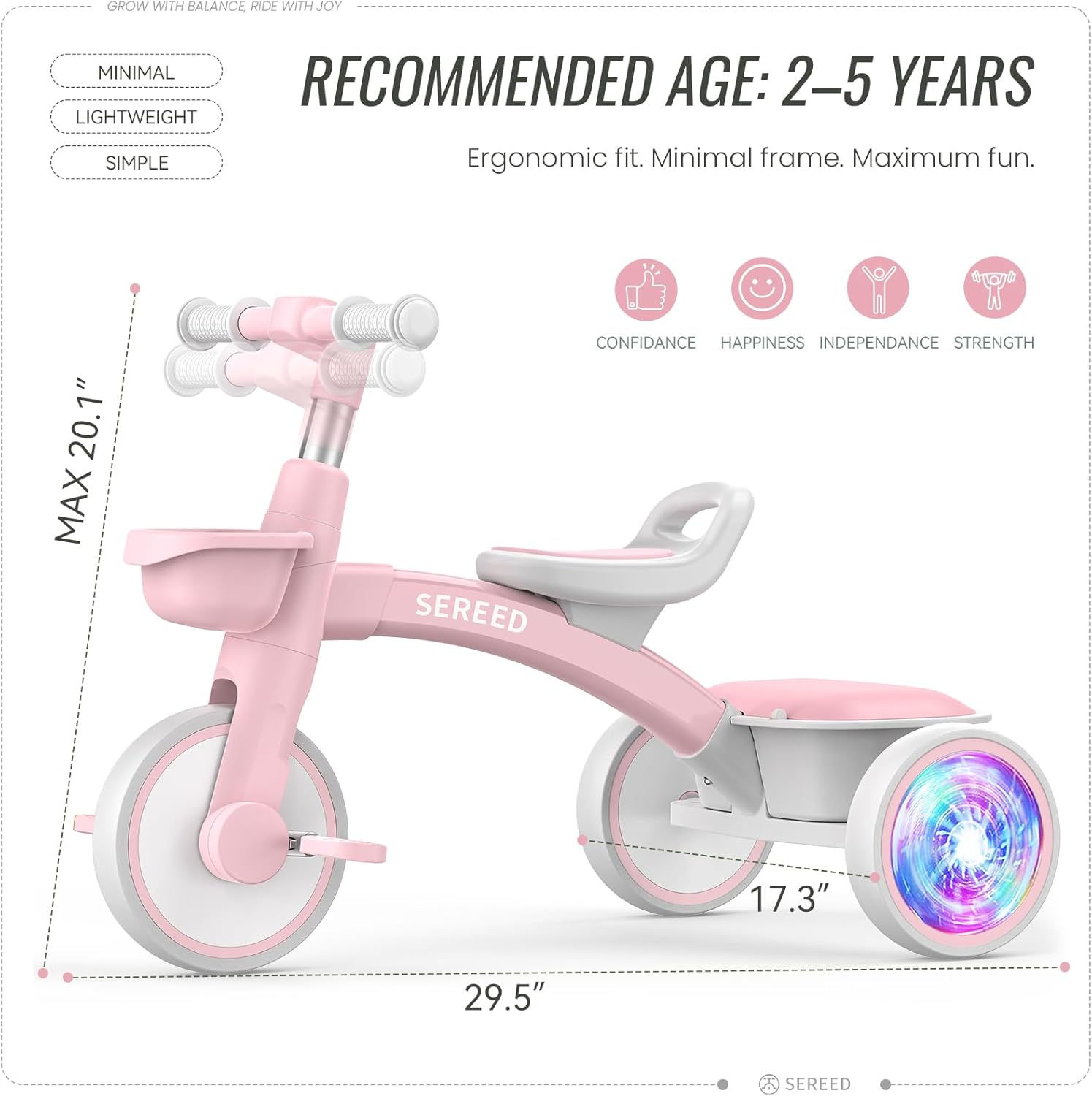 SEREED Colorful Lighting Toddler Tricycle for 2-5 Years Old Girls, Adjustable Seat&Handlebar Trike, Removable Basket, Birthday Gift Idea for Kids Ages 2+ (Pink) - Image 8