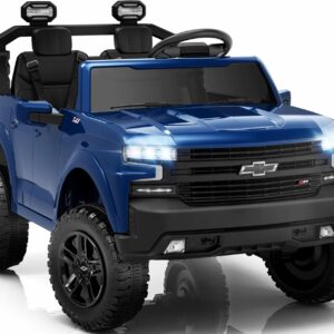 First Ride On 24V 2 Seater Ride on Toys Licensed Chevrolet Silverado, Electric Vehicle with Remote Control and Seat Belts, Electric Ride On Truck wtih Trunk, Bluetooth and LED Lights (Blue)