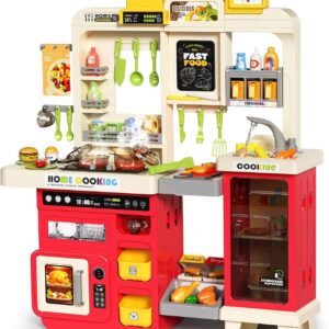 Pupu Pig Kids Kitchen Playset, Play Kitchen with Stove, Grill, Sink, Play Food, ToyKitchen Accessories, Cooking Kitchen with Lights Sound Steam, Pretend Play Toys for Kids Toddler Birthday Gifts