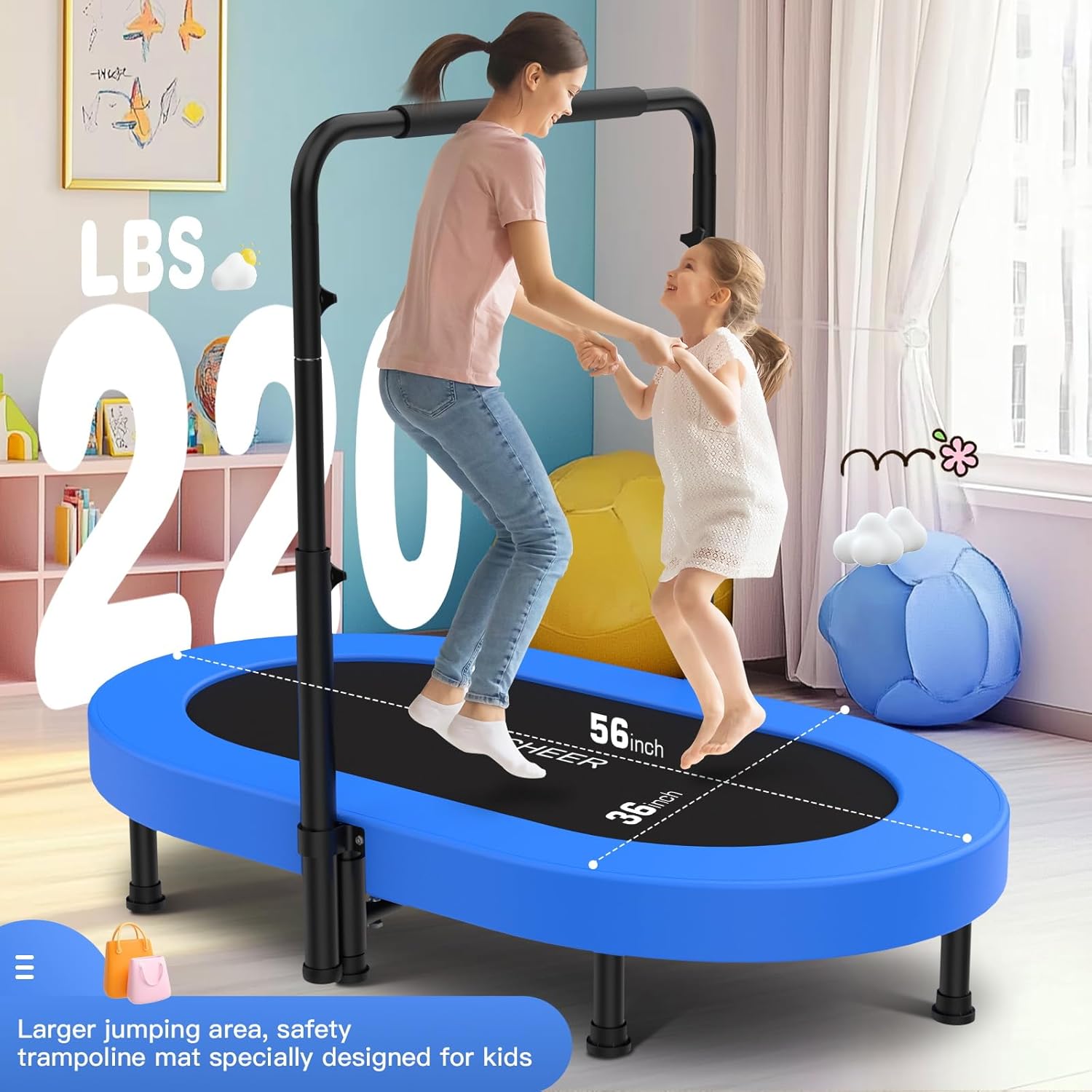 ANCHEER 56" Double Mini Trampoline for Kids, Mini Rebounder with 5-Level Adjustable Handle, Parent-Child Trampoline for Kids, Max Load 220lbs, Fun for Indoor/Outdoor - Image 4