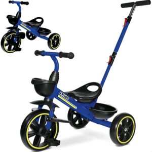 KRIDDO 2-in-1 Toddler Tricycle for Ages 18 Months to 5 Years Old – Extended Push Handle for Effortless Push, Gift Trike for Toddler 3 to 5 Year, Kids Tricycle with Foldable Front Footrest, Blue