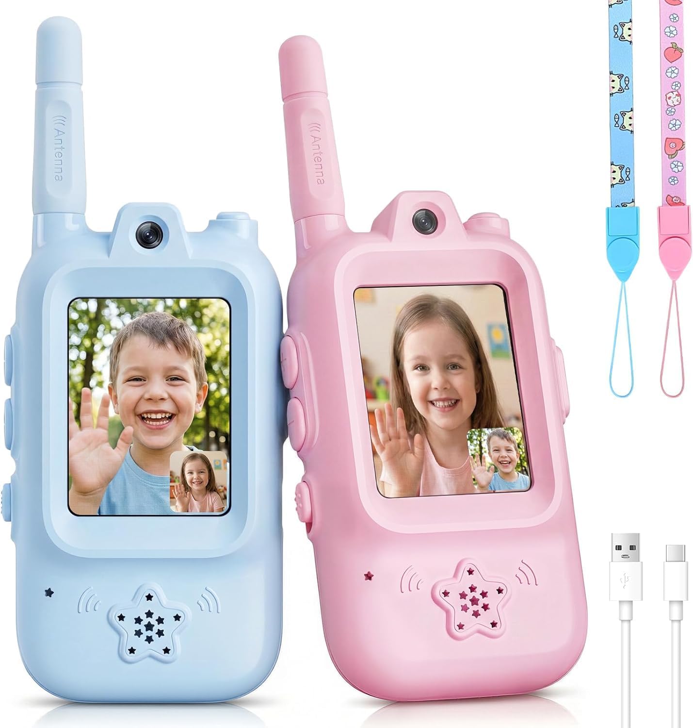 Walkie Talkies for Kids with Real-Time Video Chat, 2 Pack Rechargeable Two-Way Radios, Long Range & Voice Changer, Indoor Outdoor Adventure Toys for Boys Girls Age 3-12 (Blue/Pink)