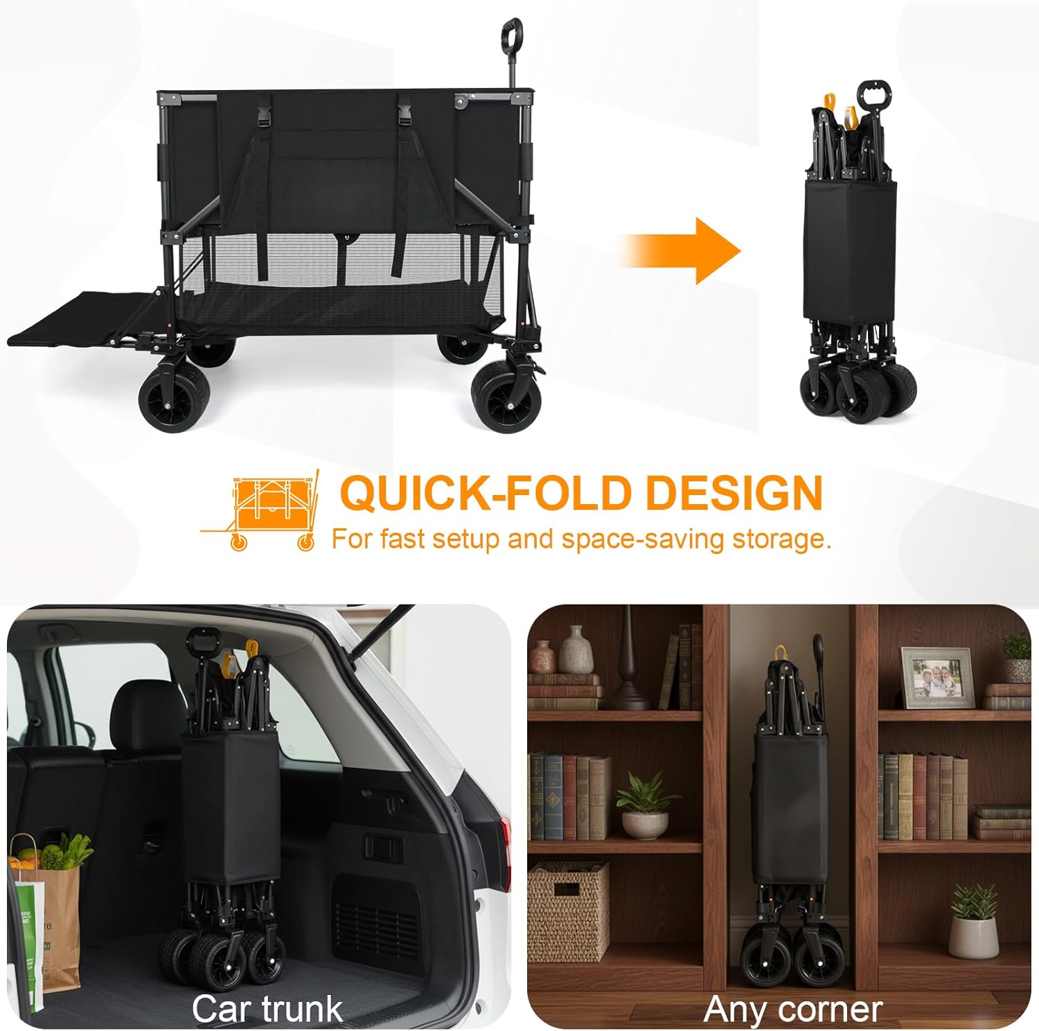 Double Decker Wagon Heavy Duty Collapsible, 600LBS 400L Capacity Foldable Utility Cart with Big Wheels for Beach, Outdoor, Camping & Gardening, Durable Steel Frame - Image 7
