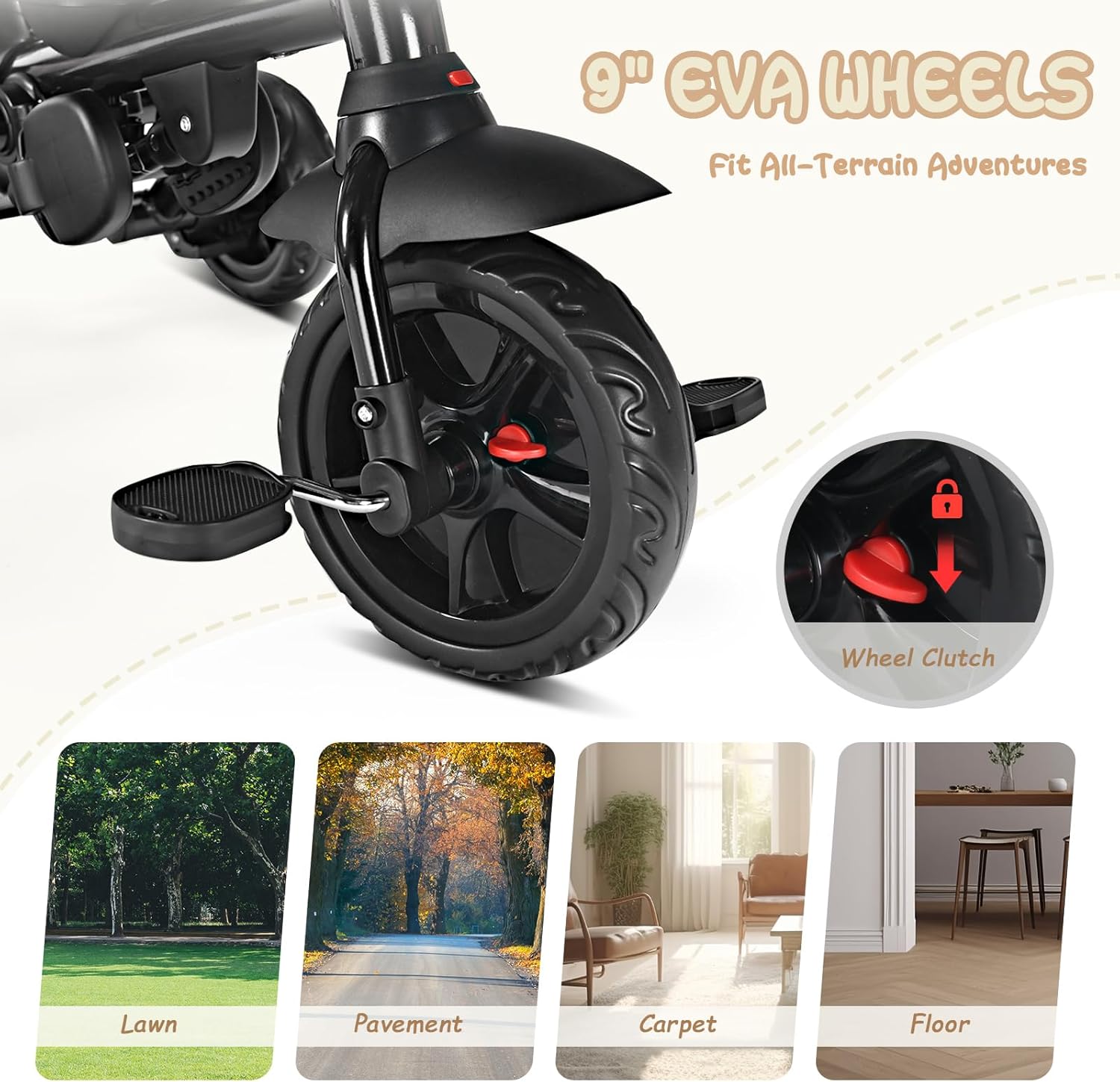 TODEFULL Folding Kids' Tricycle, 8 IN1 Baby Trike W/Removable Canpoy&Parental Push Rod, Toddler Bike Stroller for Kids 1-5 Years, 360° Swivel Seat, EVA Wheels,Storage Basket, Black - Image 4