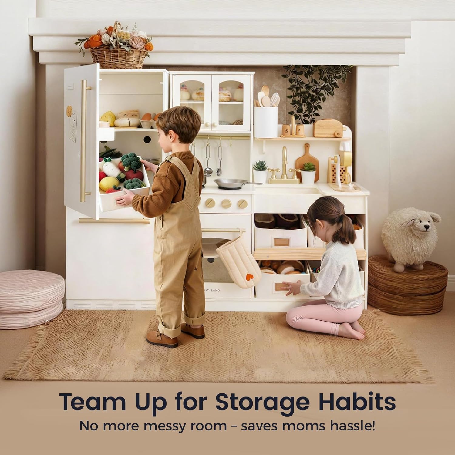 Tiny Land Wooden Play Kitchen for Kids – Enhanced Storage with Cabinets & Bins, Modern Toddler Kitchen Playset with Stove, Sink & Accessories - Image 10