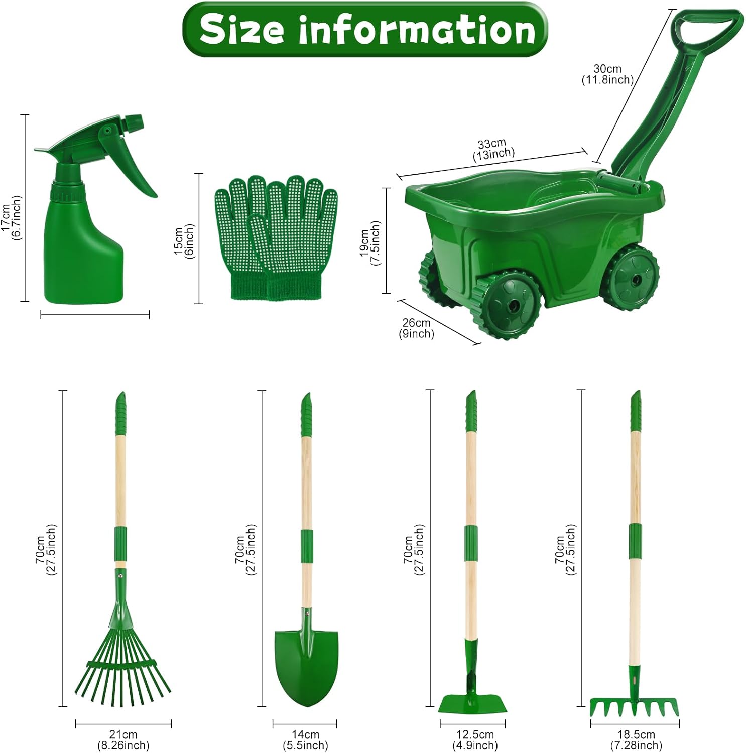 Duckura Kids Gardening Tools Set - 7pcs Wheelbarrow Set for Kids with Shovel, Rake, Leaf Rake, Summer Outdoor Yard Digging Weed Birthday Gifts Toys, Easter for Boys Girls Age 2 3+ Years(Green) - Image 5