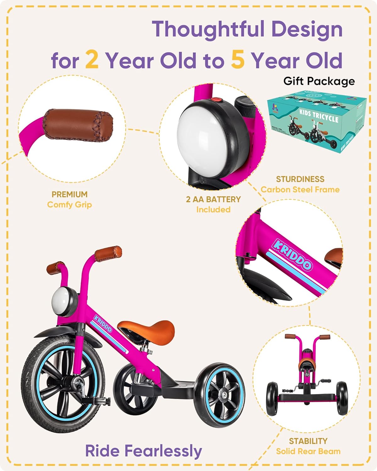 KRIDDO Kids Tricycle, 12 Inch Puncture Free Rubber Wheel w Front Light, Adjustable Seat Height, Gift for 2-5 Year Olds, Pink - Image 4