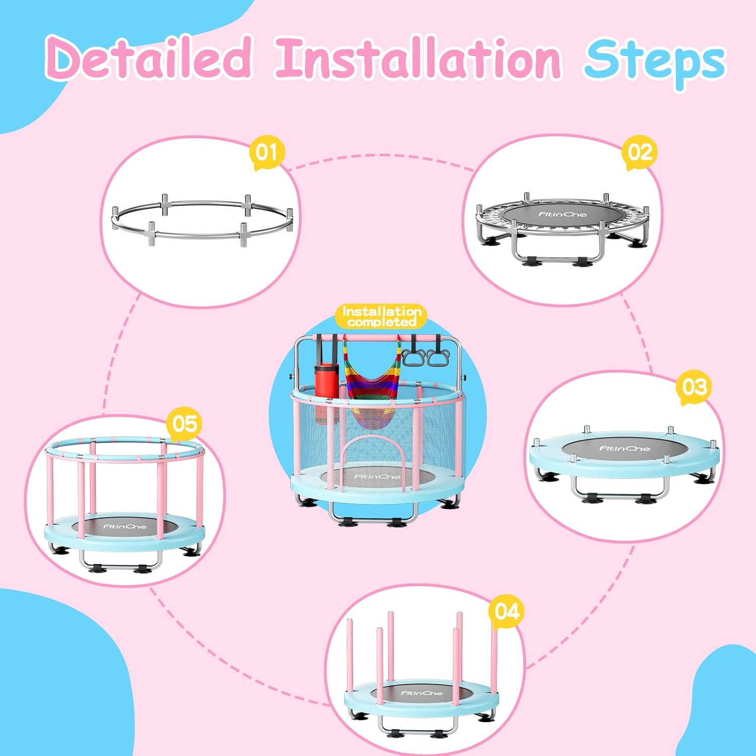 55" Toddler Mini Trampoline for Kids, Indoor Outdoor Toys with Swing, 440lbs Baby Kids Trampoline, Gymnastics Bar, Birthday Gifts for Boy Girl Age 1-8 - Image 7