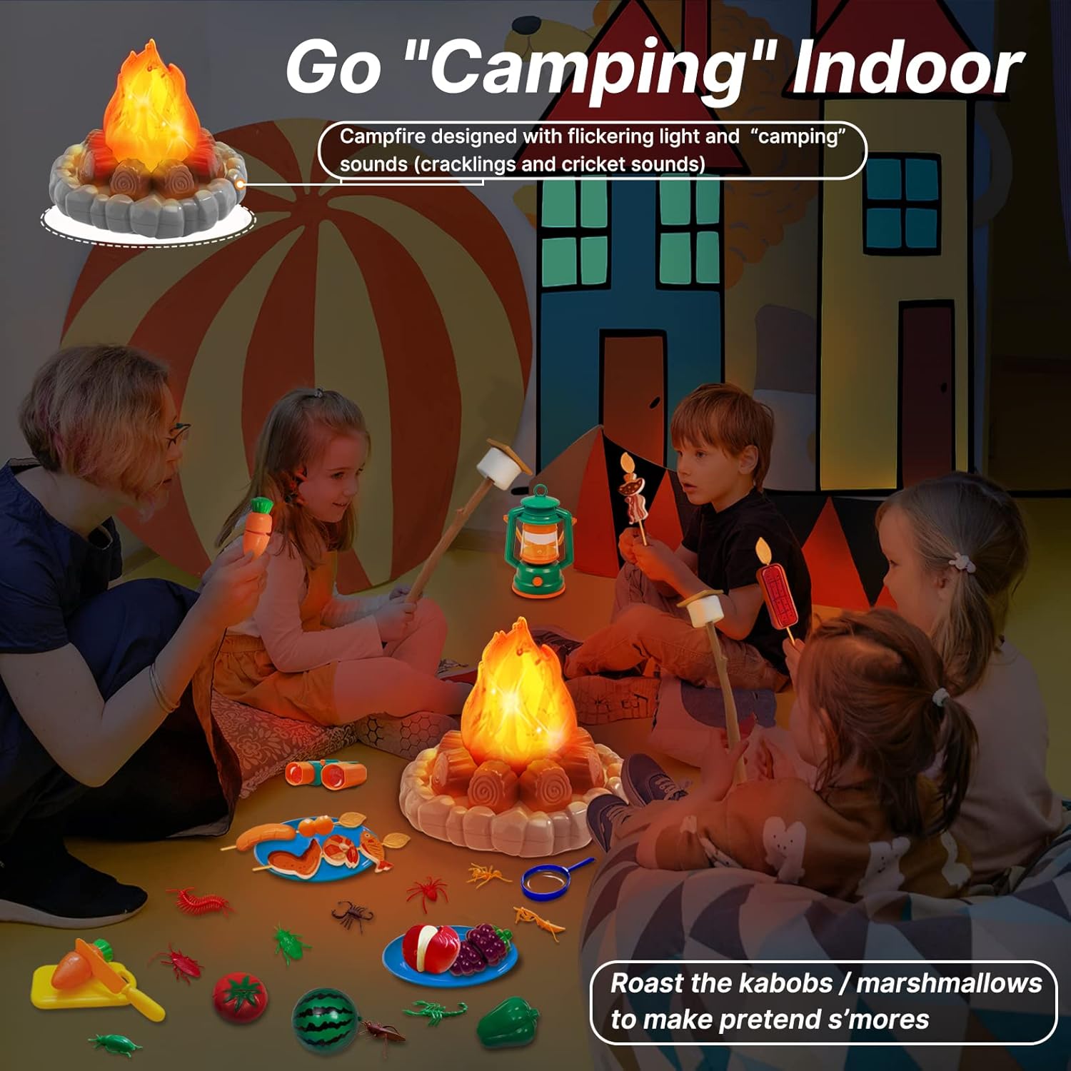 Camping Toys for Kids, Pretend Campfire, Lantern, Safari Hat, Binoculars, Bottle, Toy Food, S'Mores, Toddler Camping Play Set Indoor Outdoor Toys for Kids 3-5 and Up, Boys Girls Gift - Image 2