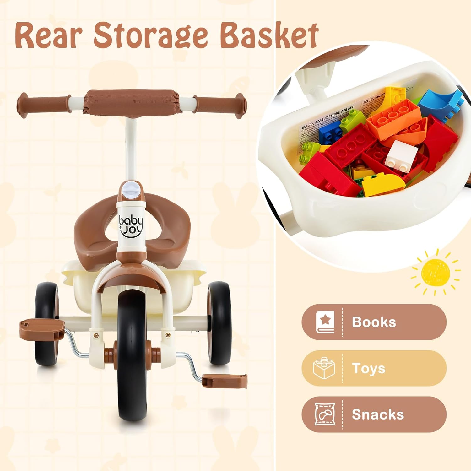 BABY JOY Toddler Tricycle, Kids Trike with Adjustable Seat and Storage Basket for Boys Girls Indoor and Outdoor Riding, Toddler Trike for Baby 3-5 Years Old (Beige) - Image 6