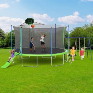 Skepphlay 16ft 14ft 12ft Trampoline Outdoor for Kids and Adults, ASTM Approved Recreational Trampoline, Round Trampoline with Basketball Hoop & Enclosure Net for Backyard