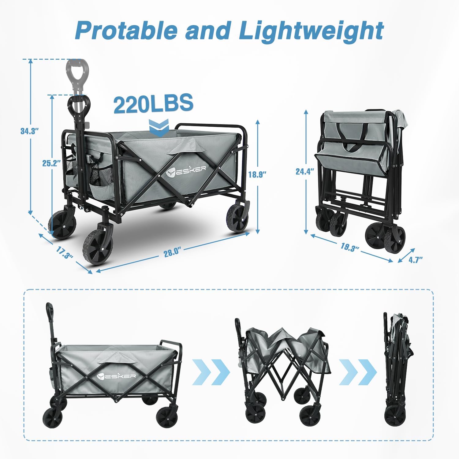 Yesker Foldable Wagon - 220lbs Collapsible Garden Carts with All Terrain Wheels for Outdoor Camping Sports Shopping Gardening - Heavy Duty Portable Utility Trolley (Gray) - Image 2