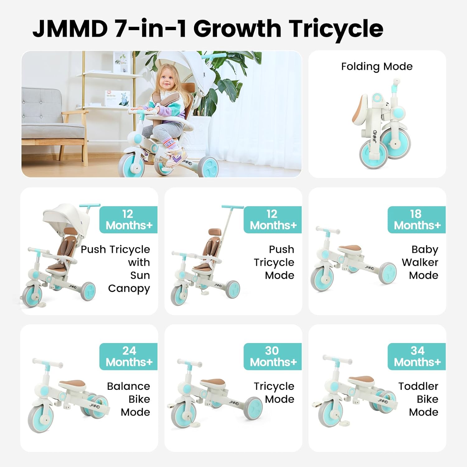 JMMD Baby Tricycle, 7-in-1 Multifunctional Kids Trike with Adjustable Parent Handle, Safety Harness & Wheel Brakes, Removable Canopy, Stroll Trike for Boys & Girls Ages 18 Months-5 Years, Mint - Image 2