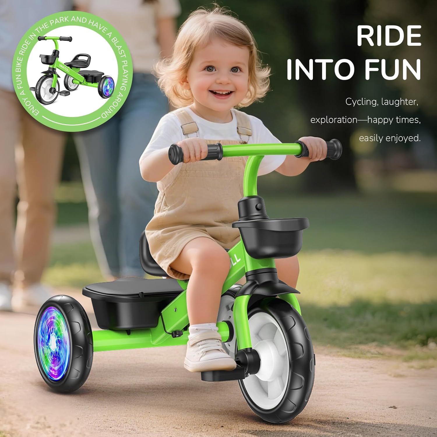 Umatoll Tricycle for Toddlers 2-5 Year Old, Ajustable Toddler Bike Outdoor Toys, Birthday Gift for Boy Girl Age 2-4, Trike with Light up Wheels (Green) - Image 5