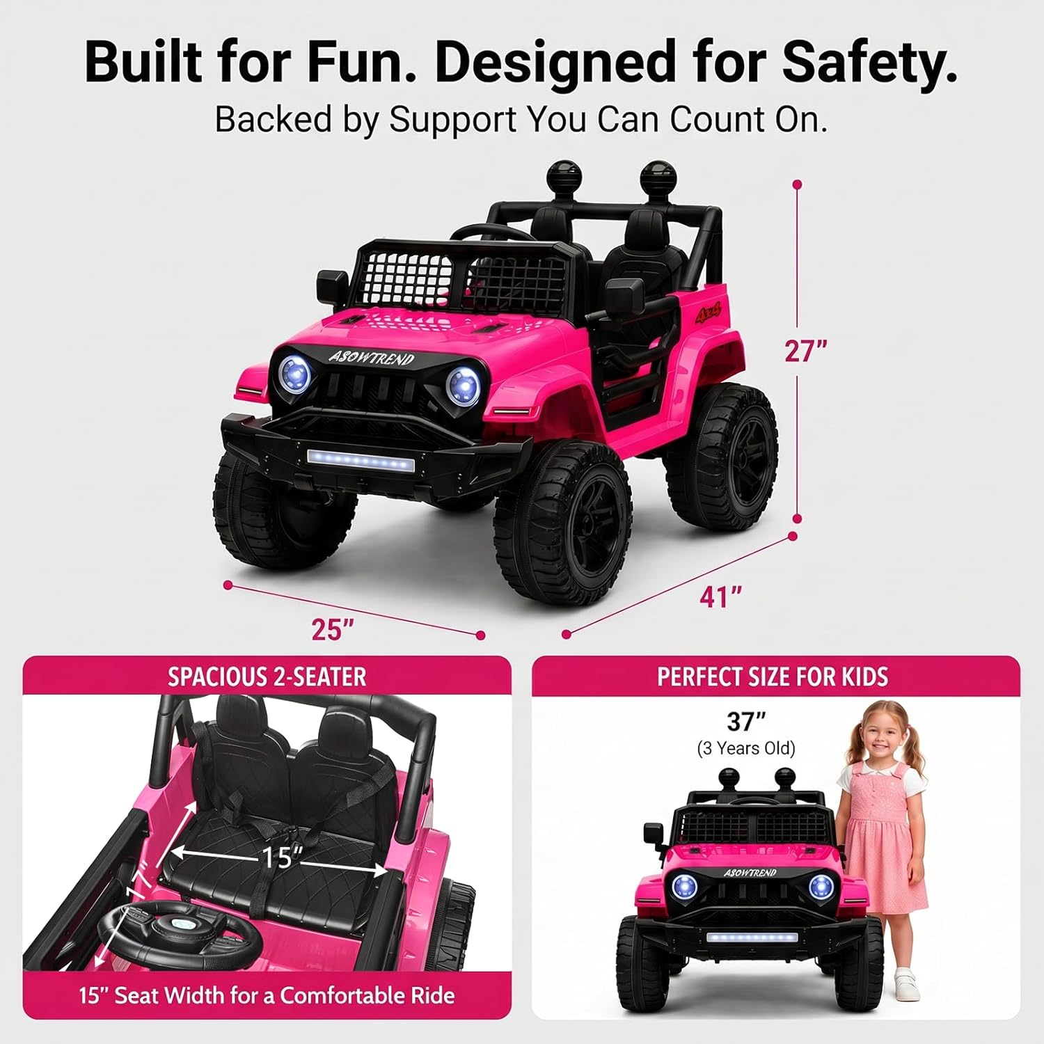 12V Jeep Style Pink Kids Ride On Car, Dual 35W Motor Electric Vehicle with Parent Remote Control, 2-Seater Suspension Toy Car, Bluetooth LED Light, Birthday Gift for 3-5 Year Girls - Image 6