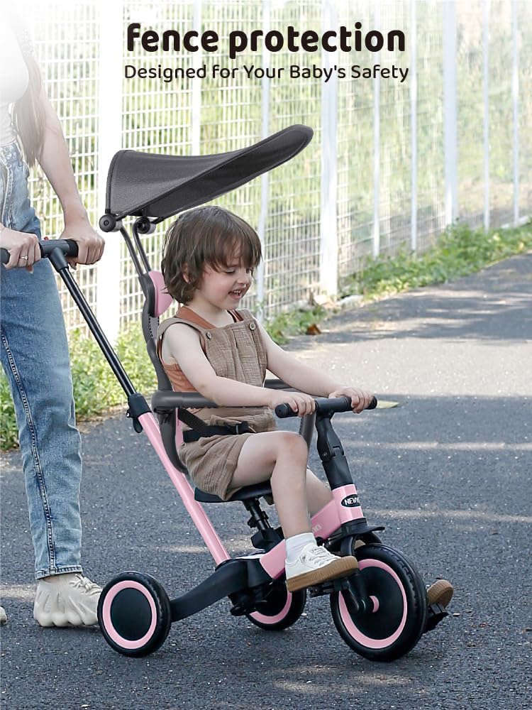 newyoo Tricycle for Toddlers 1-3, Toddler Tricycle with Push Handle and Canopy, Toddler Bike, Birthday Gift and Toys for Girl and Boy, 6 in 1 Baby Trike, Balance Bike, TR009, Pink - Image 6