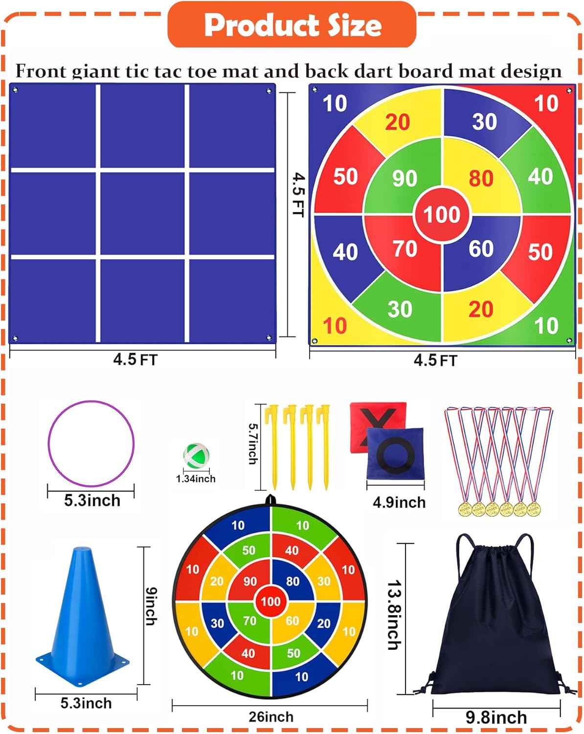 Carnival Games Set, Giant Tic Tac Toe Games, 4.5ft x 4.5ft Double-Sided, 26" Dart Board with Sticky Balls, Soft Plastic Cones Ring Toss Game Set for Kids Adults Family Outdoor Lawn Yard Birthday Party - Image 3