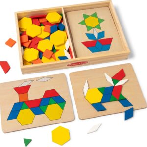 Melissa & Doug Pattern Blocks and Boards with 120 Multi-Colored Wooden Shape Tiles, 5 Double-Sided Puzzle Boards, Tangram Puzzles, Montessori Toys for Girls & Boys