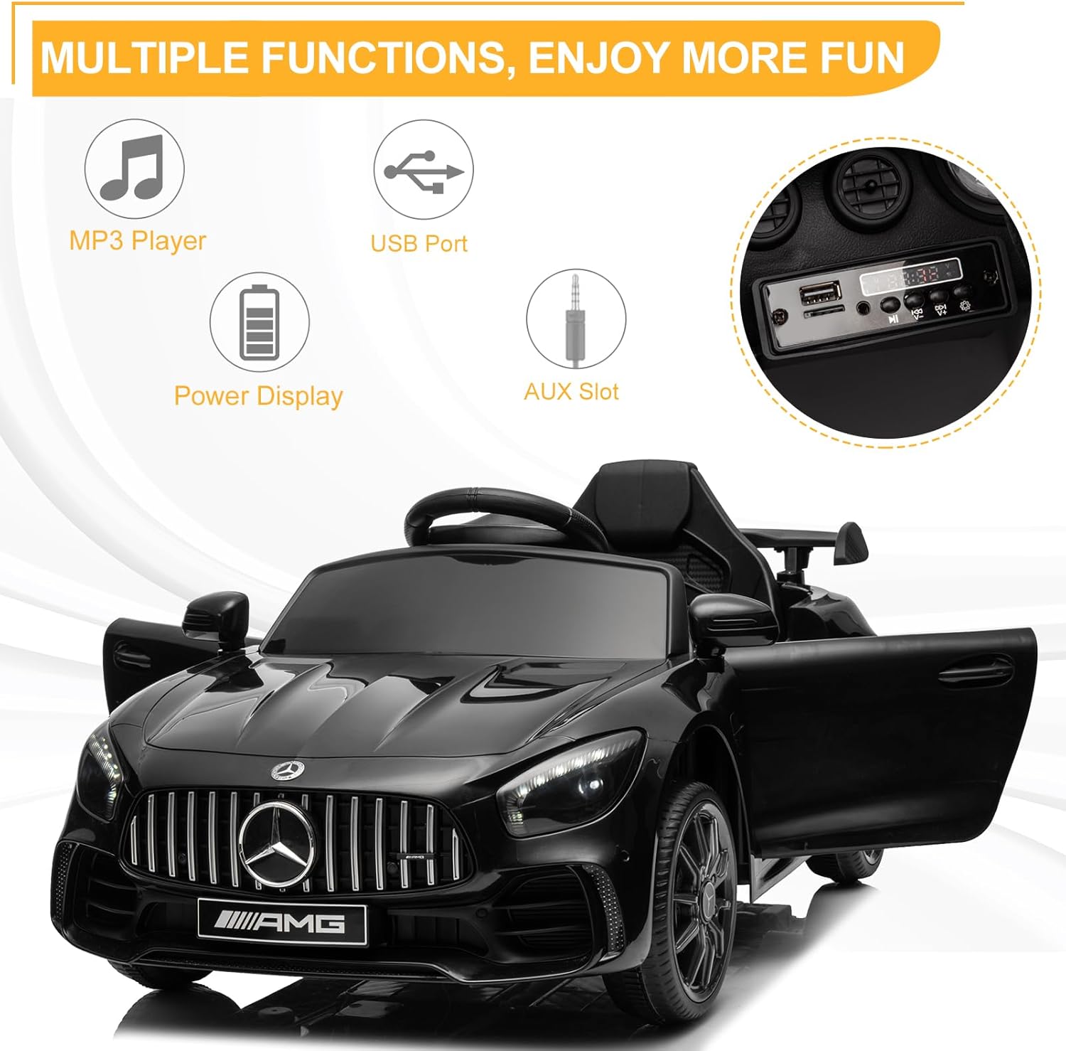 Winado 12V Ride on Car, Licensed Mercedes Benz AMG GTR Battery Powered Electric Vehicle, w/Parent Remote, Wider Seat, LED Lights, Openable Doors, MP3 Player, Smooth Start, 3 Speeds - Black - Image 3