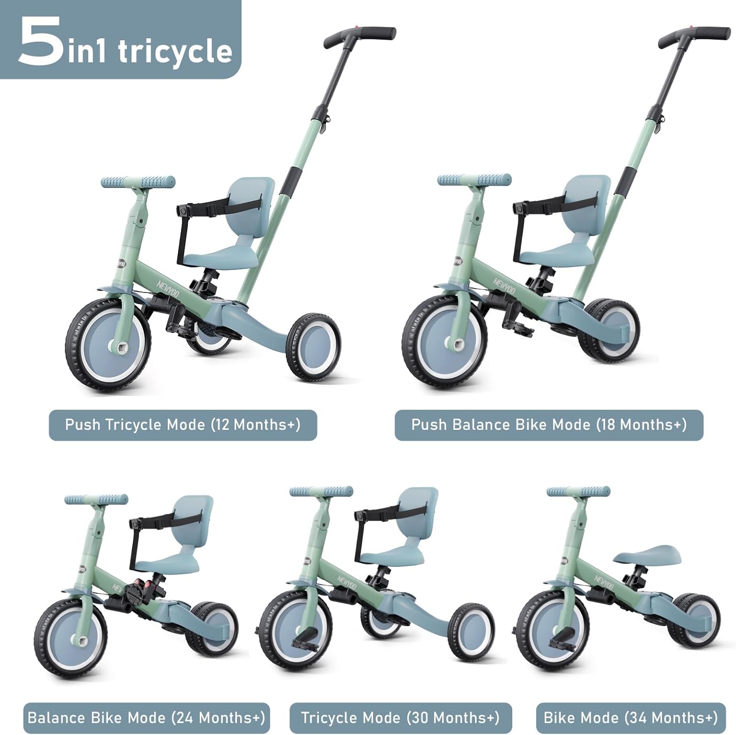 newyoo Toddler Tricycle with Push Handle for 1-3 Year Old, Toddler Bike, Birthday Gifts and Toys for Boys and Girls, 5 in 1 Kids Trike, Convert to Baby Balance Bike, Green, TR007 - Image 2