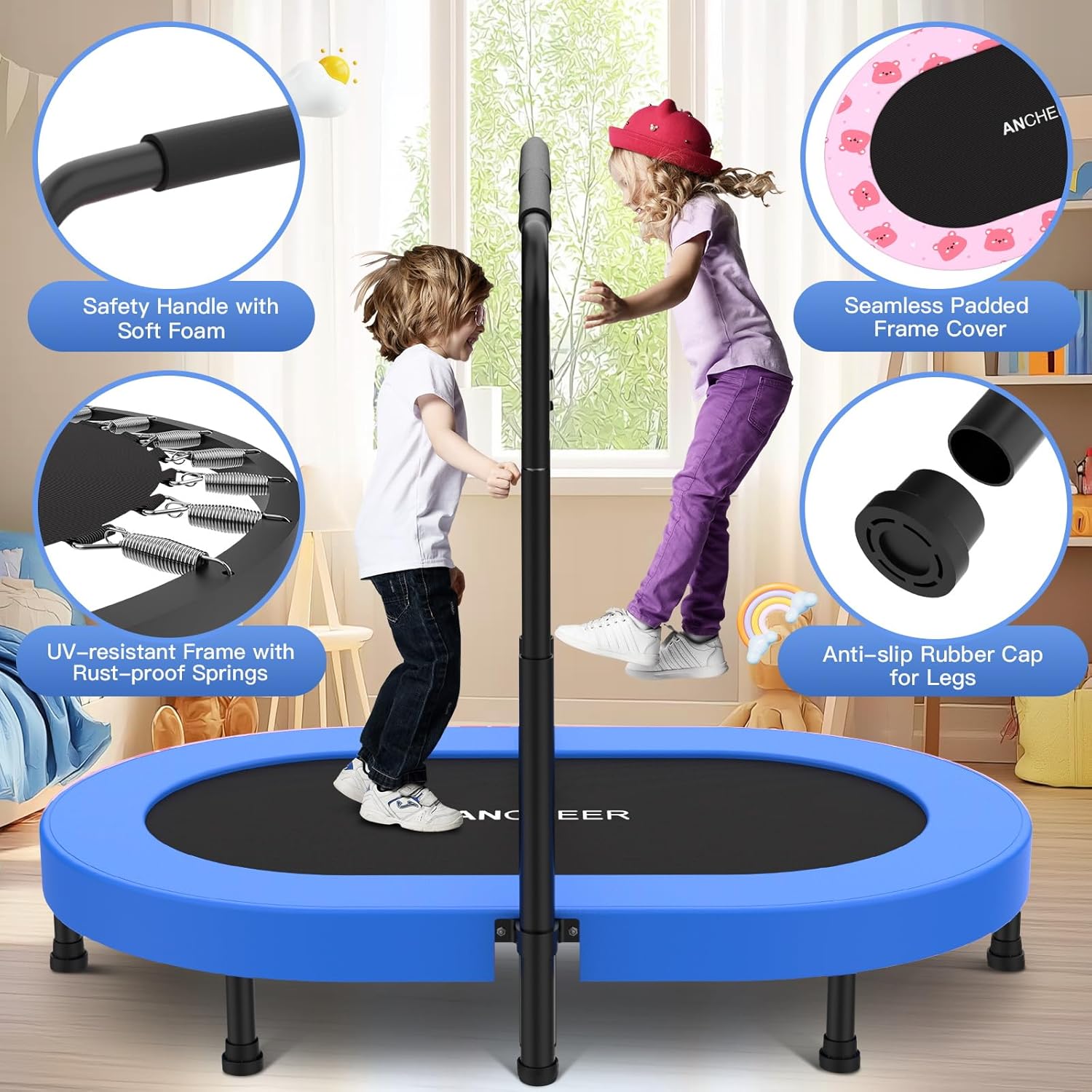 ANCHEER 56" Double Mini Trampoline for Kids, Mini Rebounder with 5-Level Adjustable Handle, Parent-Child Trampoline for Kids, Max Load 220lbs, Fun for Indoor/Outdoor - Image 3