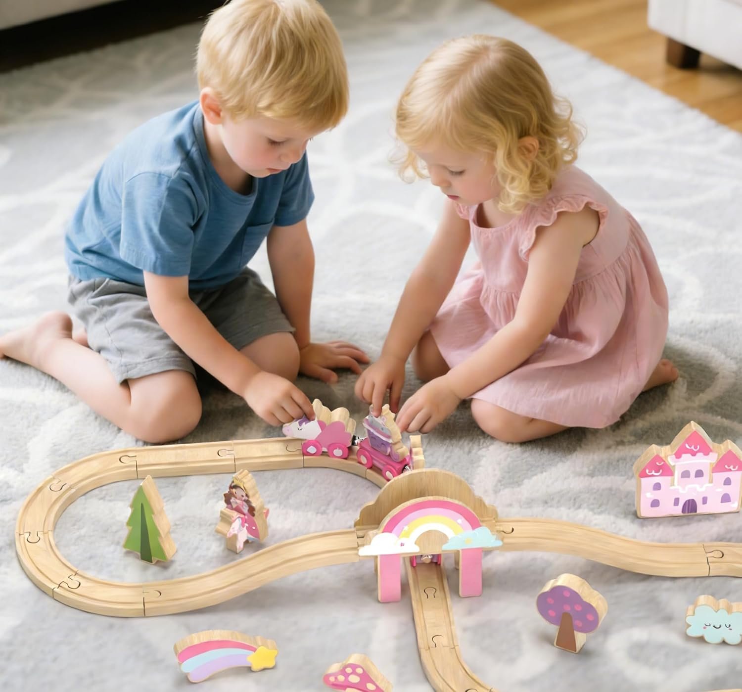 Lehoo Castle Wooden Train Set - Unicorn Train Set for Toddlers 2-4, Wooden Train Track Toddler Girl Toys, Pink Train Fantasy Toys for 3 4 5 6 7 Year Old Girl - Image 9