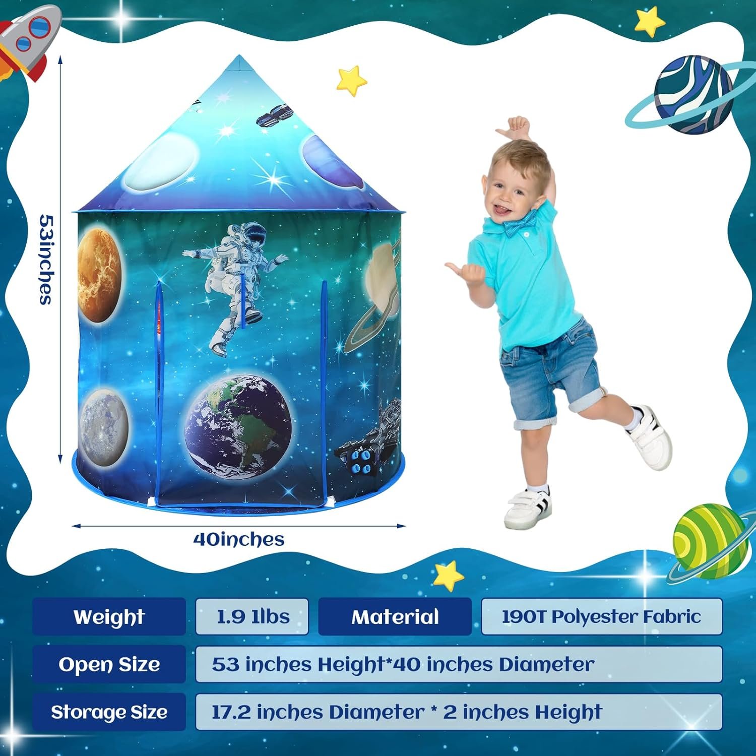 Kaivee Space World Play Tent Pop Up Kids Indoor Sensory Playhouse Children Foldable Kids Tent for Boys Girls Toddler as 3 4 5 6 7 Years Gift as Birthday Christmas Toys - Image 6