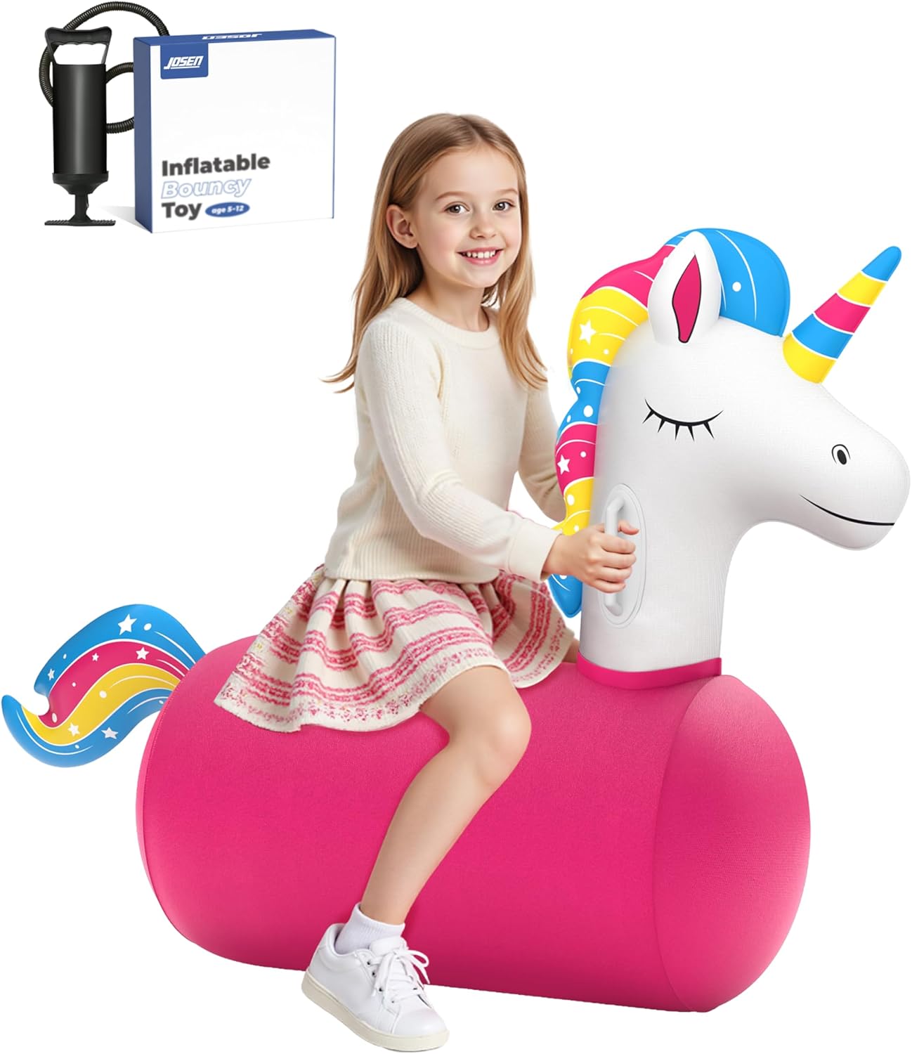 JOSEN Bouncy Hopper Giant Unicorn Ride On Toys, Inflatable Bouncing Animal Hopper with Hand Pump, Jumping Hopping Toys Up to 220lbs, Indoor Outdoor Bouncers for Teen Kids Girls Boys Ages 5+