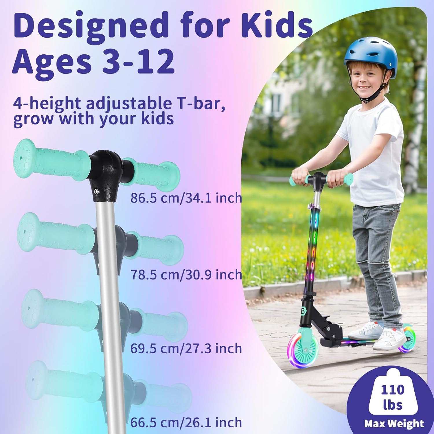 BELEEV V3 Scooter for Kids with Light-Up Wheels & Stem & Deck, 2 Wheel Folding Scooter for Girls Boys, 4 Adjustable Height, Lightweight Kick Scooter with Handy Kickstand for Children Ages 3-12 - Image 4