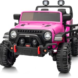 Hikiddo 2 Seater Ride on Car Truck, 12V Kids Electric Ride on Toy for Big Kids Age 3-8 w/Remote Control- Hot Pink