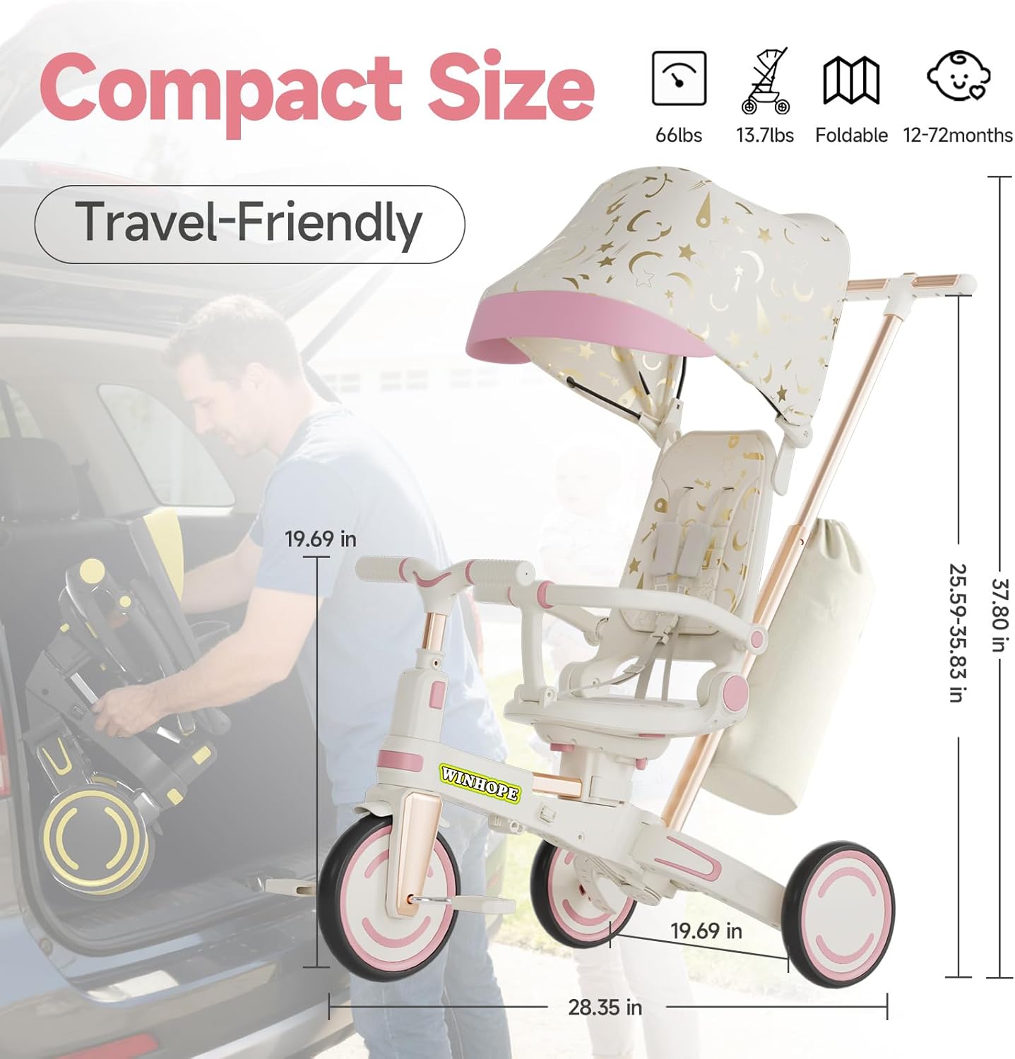 WinHope 9-in-1 Push Tricycle for Toddlers 1-3 Years, Convertible Kids Trike with Push Handle & Safety Belt, One-Client Foldable Design + Storage Basket, Birthday Gift and Toy for Boys and Girls(Pink) - Image 2