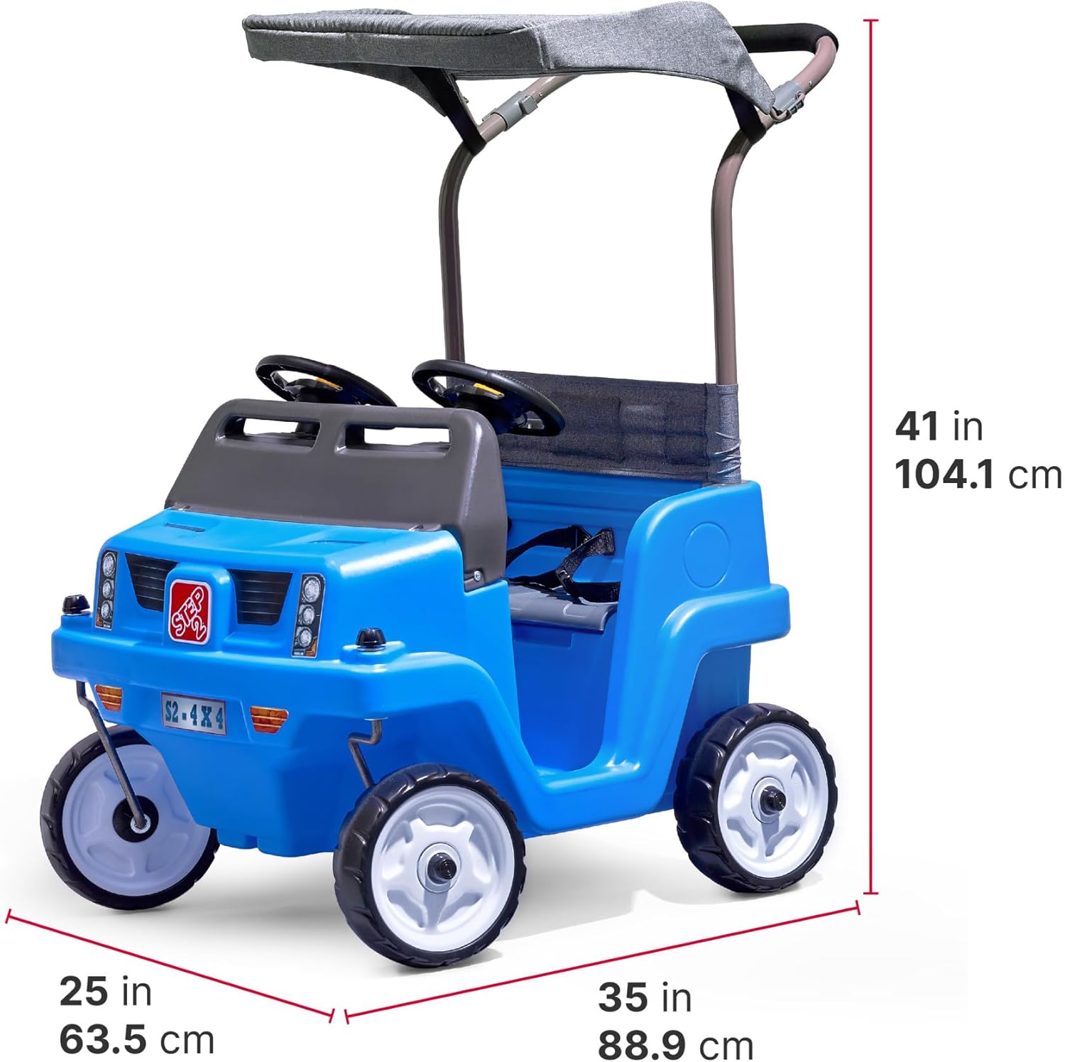 Step2 Side-by-Side Push Around SUV, 2-Seater Kids Push Car with Seat Belts, Dual Steering Wheels & Horns, Adjustable Canopy, Ages 18 months–5 years, Max 100 lbs., Durable Plastic, Blue - Image 6