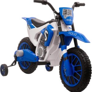 Aosom 12V Kids Motorcycle w/Treaded Tires, 5mph Top Speed Electric Bike for Kids, Ride On Motorcycle w/Training Wheels, Battery Charger, Spring Suspension, Blue