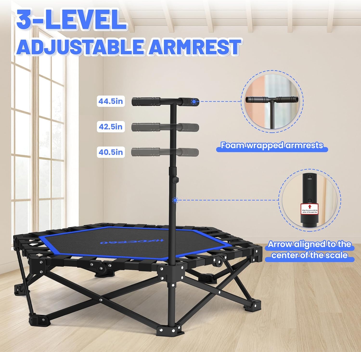 HXD-ERGO 42'' Foldable Mini Trampoline, Rebounder Trampoline with Adjustable Foam Handle, Fitness Trampoline for Indoor, Outdoor, Home Gym,Max Load 460lbs - Image 3