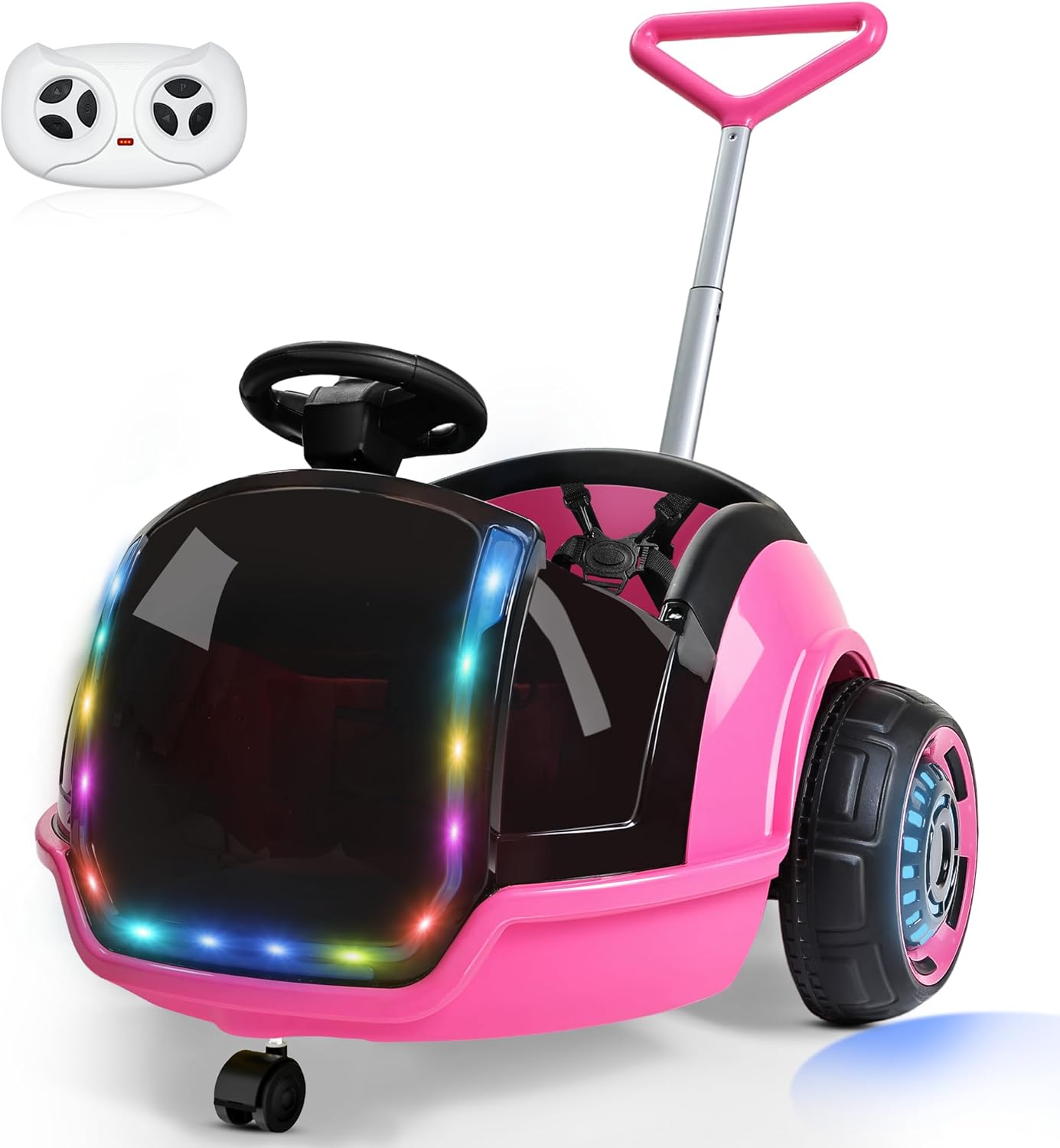 ANPABO 3-in-1 Electric Push Ride On Car, 12V Kids Ride On Toy w/Remote Control, 360° Spin, 5-Point Safety Belt, Colorful LED Light, Music Player, Push Car for Toddler Ages 1-3 (Pink) - Image 7