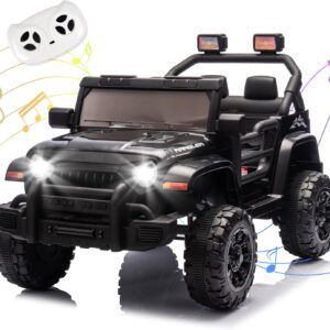 Ride on Truck Car, 12V Kids’ Electric Vehicles W/Parents Control, Ride on Toys for Toddlers with Music, Bluetooth, Four-Wheels Suspension, USB, Headlights, Black