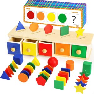 Peacurh Montessori Toys Wooden Color & Shape Sorter Toys for Toddlers 1-3, Matching Box Sorting Blocks Manipulatives Preschool Learning Educational Toy for 1 2 3 4 Year Old Boy Girl Kid Gifts