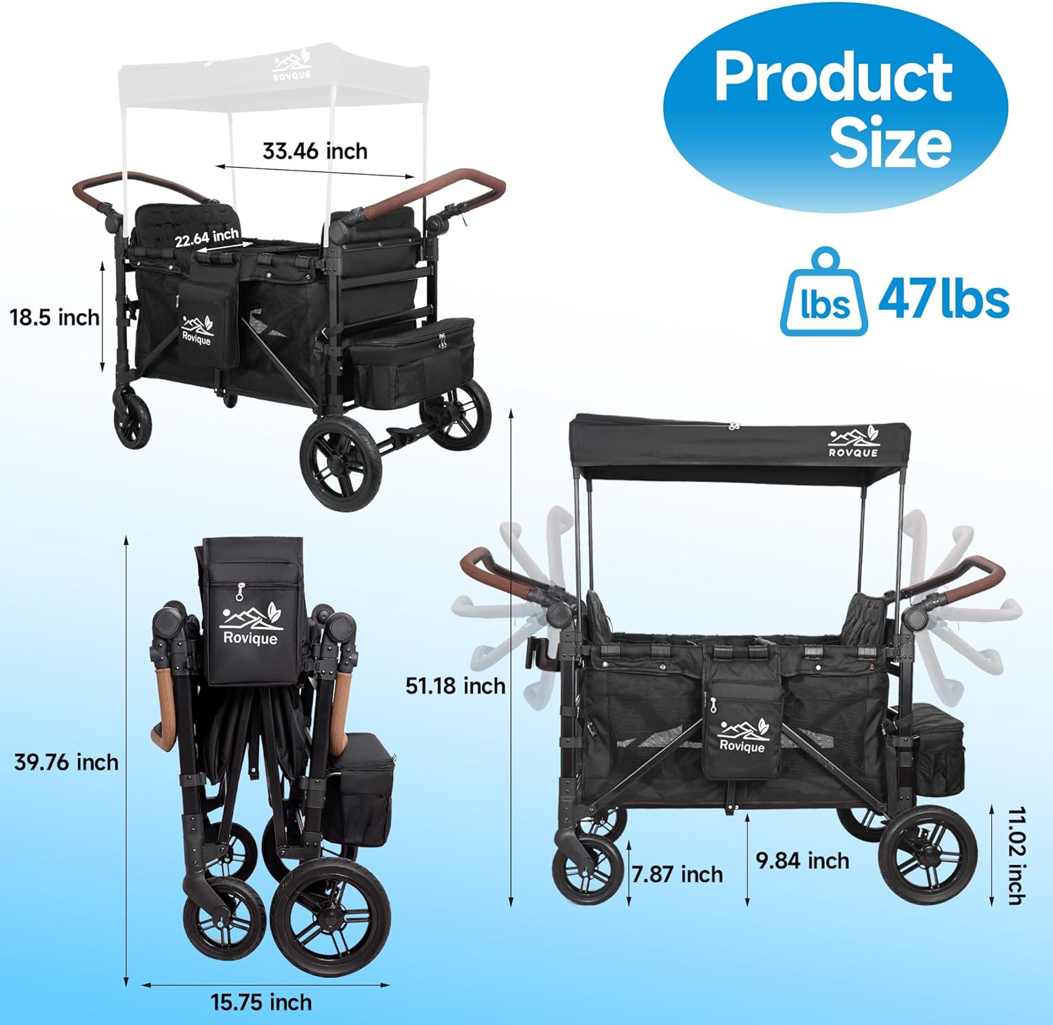 Rovique 4 Seater Wagon Stroller – Deluxe Quad Wagon for 4 Kids with Snack Trays,All-Terrain Wheels,Push Handle, Canopy,Aluminum Frame – Gift for Baby Showers,New Parents,Birthdays - Image 7