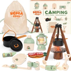 Kids Camping Toys Set – Pretend Play Camping Set with Food Toy, Spray Stove, Oil Lantern, Binoculars, Compass, Tableware, Watch & Storage Bag, Birthday for Ages 3+