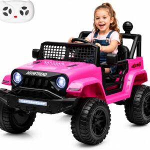 12V Jeep Style Pink Kids Ride On Car, Dual 35W Motor Electric Vehicle with Parent Remote Control, 2-Seater Suspension Toy Car, Bluetooth LED Light, Birthday Gift for 3-5 Year Girls