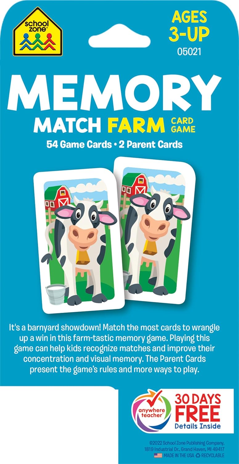 School Zone Memory Match Farm Card Game: 56 Game Cards, Preschool, Kindergarten, Animals, Early Reading, Counting, Matching, Vocabulary, Ages 3+ - Image 2