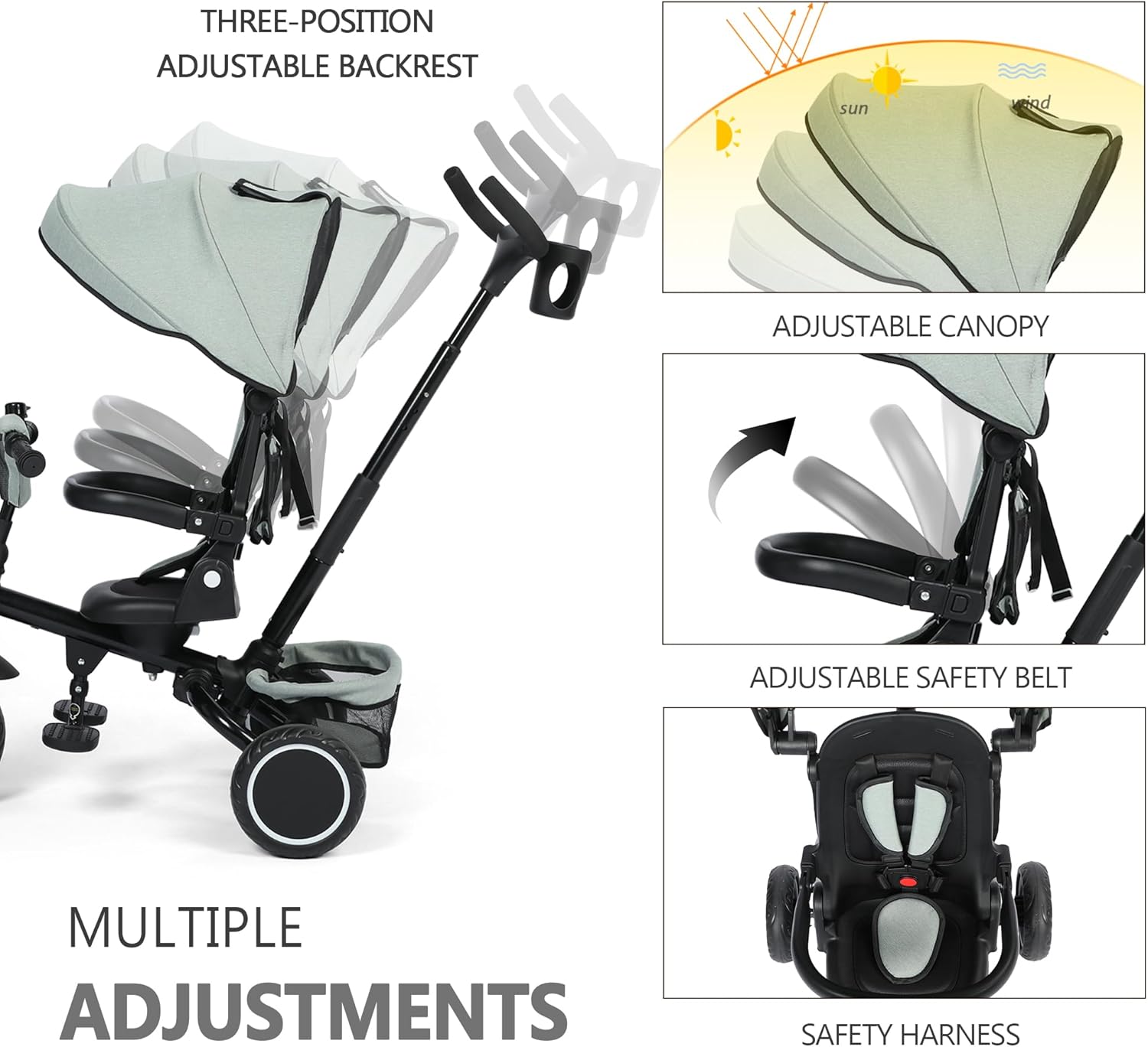 Kinder King Kids Tricycle, 8 in 1 Folding Toddler Trike w/Adjustable Push Handle, Rotatable Seat, Adjustable Canopy, Bell, Five-Point Harness, Storage, Toddler Bike for Age 1-5, Green - Image 4