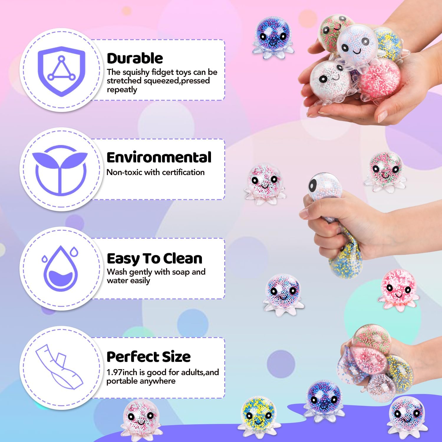 VESPRO 12 Pack Fidget Stress Balls for Adults, Cute Octopus Stress Relief Sensory Stress Ball, Bulk Squishy Squeeze Ball Toys Set for Classroom Prizes and Birthday Party Favors - Image 6