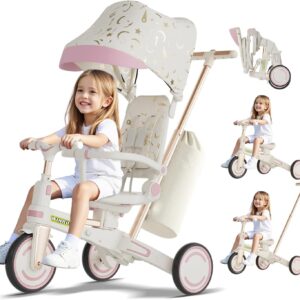 WinHope 9-in-1 Push Tricycle for Toddlers 1-3 Years, Convertible Kids Trike with Push Handle & Safety Belt, One-Client Foldable Design + Storage Basket, Birthday Gift and Toy for Boys and Girls(Pink)