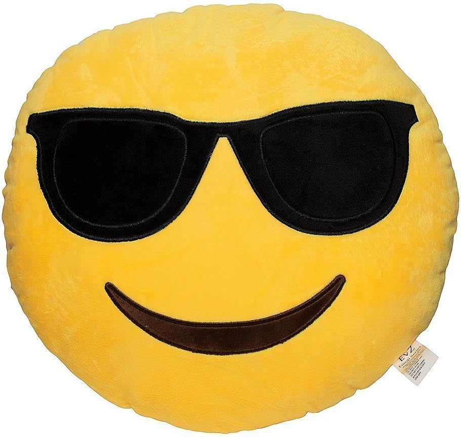 EvZ Official Certified Sunglasses Plush Pillow - 32cm Large Soft Cool Face Emoticon Cushion - Funny Stylish Decorative Stuffed Toy for Gaming Room, Car Decor & Summer Gift (Yellow)