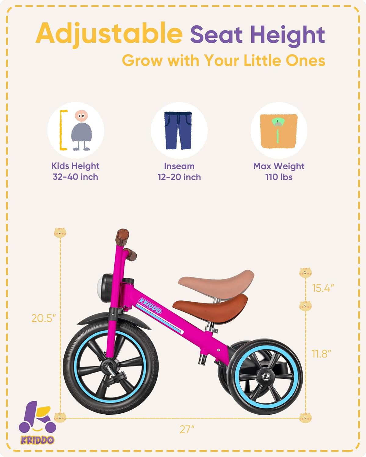 KRIDDO Kids Tricycle, 12 Inch Puncture Free Rubber Wheel w Front Light, Adjustable Seat Height, Gift for 2-5 Year Olds, Pink - Image 5