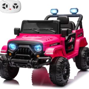 MINIATURE MOTORS 12V Kids Electric Ride on Truck Car Remote Control, Twin 35W Motors 3.5MPH Max Speed, Bluetooth Music Player, 4 Wheels Suspension LED Lights Safety Belt, Gift for Boys Girls-Hot Pink